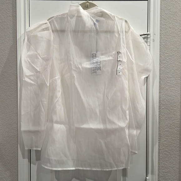 NWT! Future Collective Kahlana Barfield-Brown sheer puff sleeve mock neck blouse - Picture 2 of 6